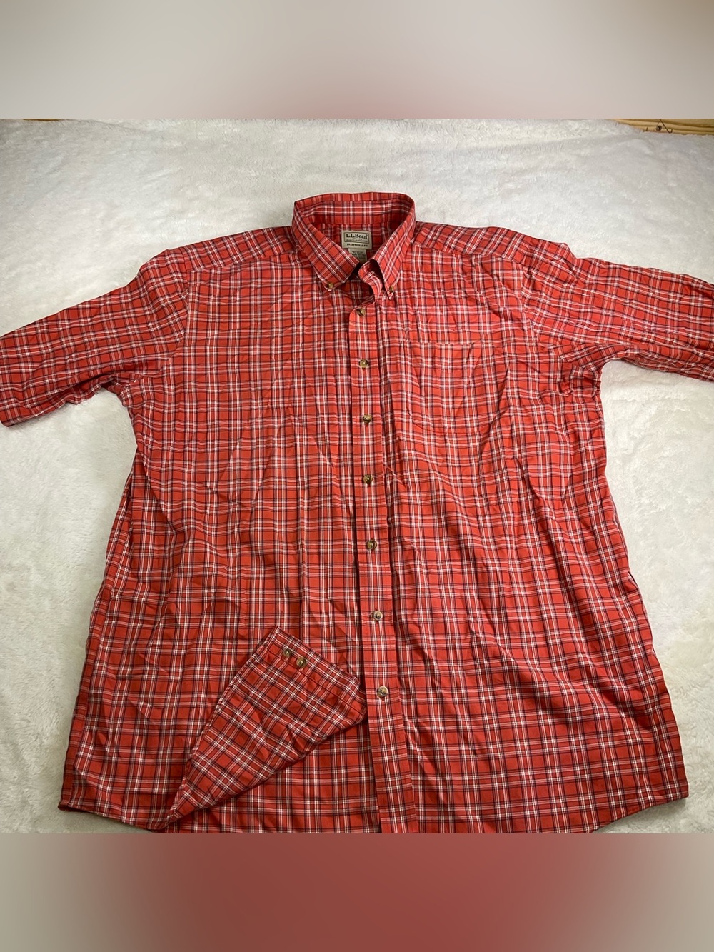 L.L. Bean Red and White Plaid Button-Down short sleeve shirt size XL Tall